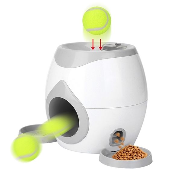 Tennis Launcher Pet Dog Feeding Interaktives Spielzeug Automatische Wurfmaschine zur Futterbelohnung mit 2 Bällen Slow Feeder für Hunde 220209