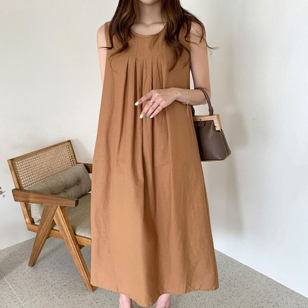 

casual dresses summer women o-neck sleeveless boho beach solid loose chic folds vestidos femme vintage streetwear omja, Black;gray
