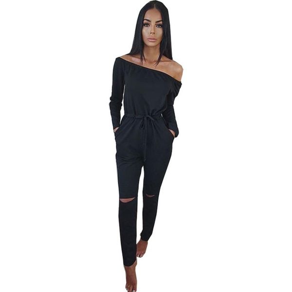 

women's jumpsuits & rompers womens jumpsuit 2021 spring and autumn solid color word collar long sleeve lace up off shoulder vestidos oy, Black;white
