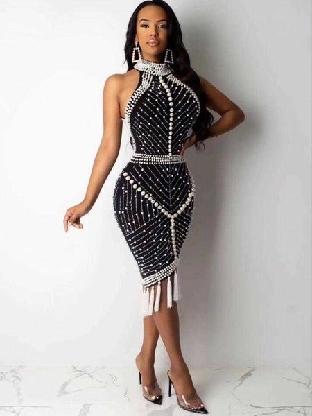 

women fashion beading tassel white black bandage dress designer elegant evening celebrity party 210527, Black;gray