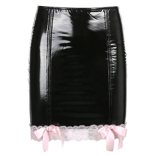 

skirts goth skirt woman mini women high waist faux leather lace patchwork bowknot party club, Black