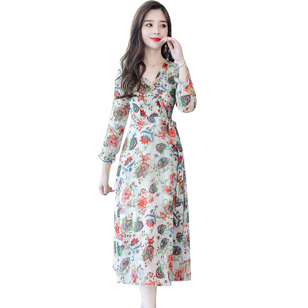 

casual dresses spring autumn dress women's early chiffon over the knee medium long high-end plus size womens printed, Black;gray