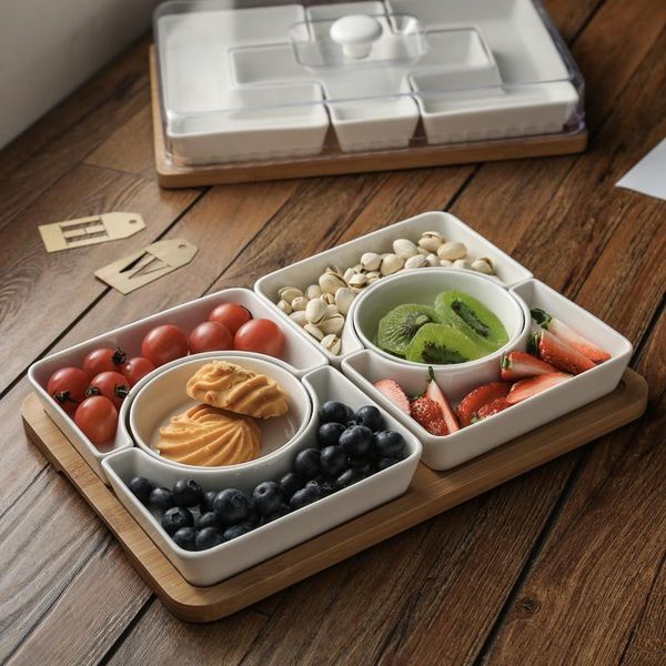 

dishes & plates nordic ceramic white compartment fruit snack tray with dustproof plastic lid simple household multi-frame dried