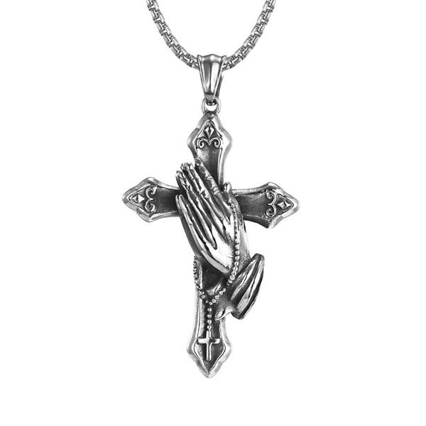 

pendant necklaces hands of prayer cross necklace christian faith hip hop fashion men's titanium steel jewelry gifts, Silver