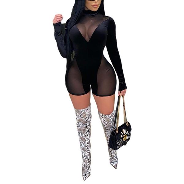

women's jumpsuits & rompers hirigin 2021 long sleeve jumpsuit transparent mesh splicing stand collar tights summer shorts playsuit, Black;white