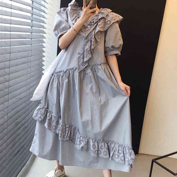 

women white big size lace hollow stitching dress round neck short puff sleeve fashion summer 16w593 210510, Black;gray