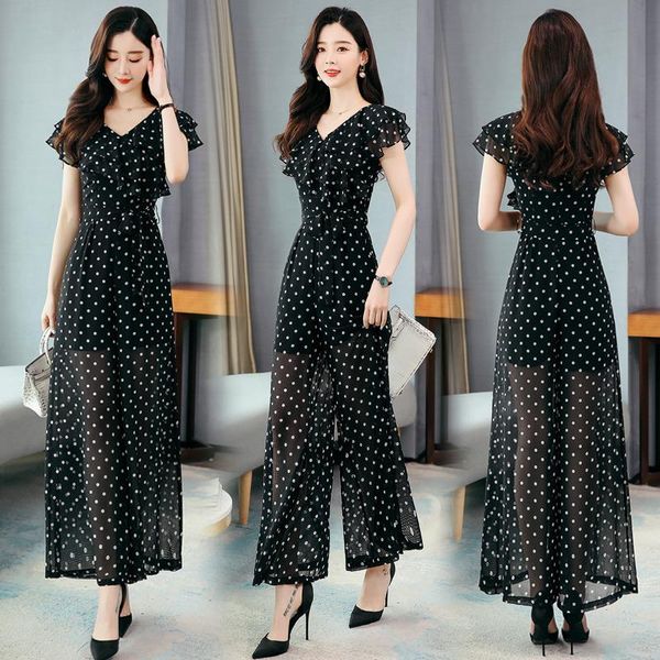 

women's jumpsuits & rompers women dot long romper female 2021 summer short sleeve casual wide leg, Black;white