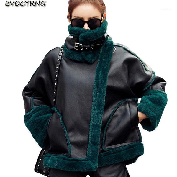 

thick leather jacket coat female 2021 winter loose imitation lamb plush warm parka short high-end fashion outerwear1, Black
