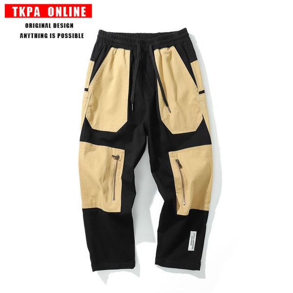 

pants fashionable the tkpa four seasons versatile men's overalls color matching loose straight cloth, Black