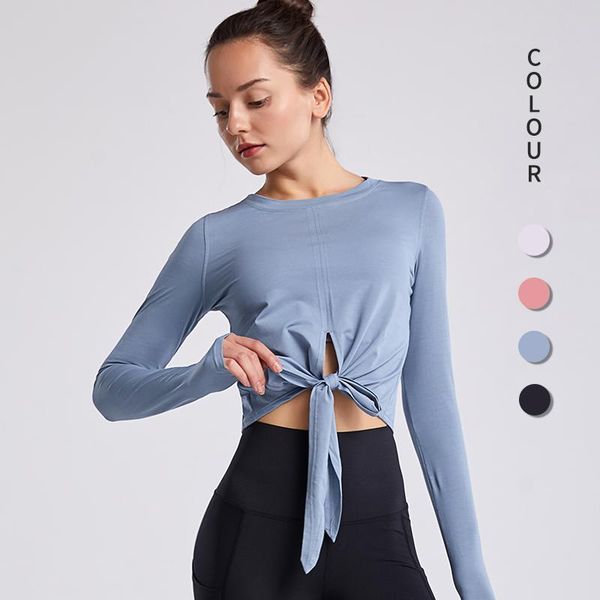 

sport femme yoga shirts tie fitness clothing long sleeve gym workout blouses quick-drying breathable slimming outfit