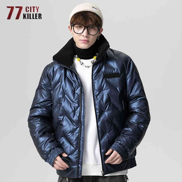 

men's thin glossy quilted down jackets casual warm solid color stand-up collar loose parkas male 2021 winter hip hop outwear, Black