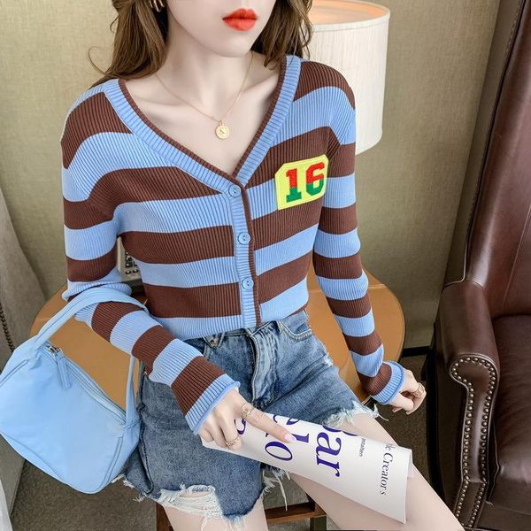 

women's knits & tees early autumn v-neck korean 4-colors for choose girls cardigan all-match slim slimming long-sleeved striped sweater, White