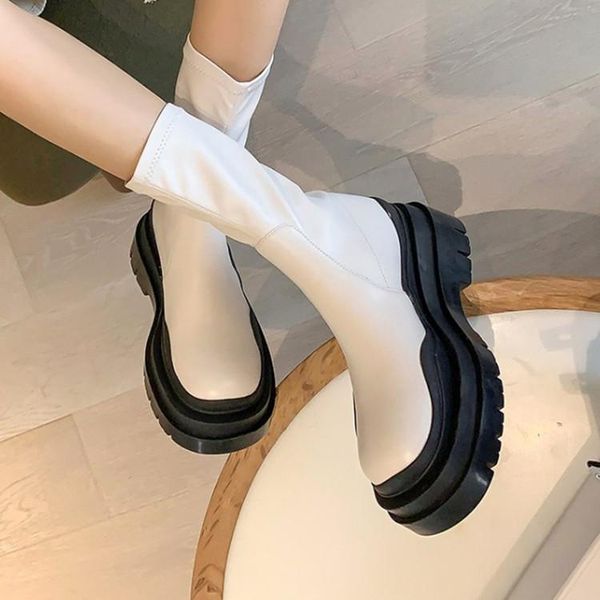 

boots 2021autumn women platform sport white leather slip on knight botines thick bottom black sapato femininos tenis creepers