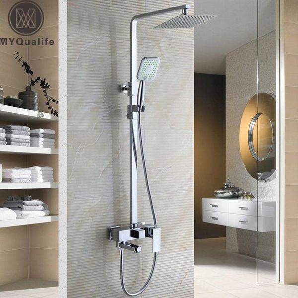 

chrome bathroom shower set faucet with 8" ultrathin showerhead and handshower swivel bathtub tap adjust height sets