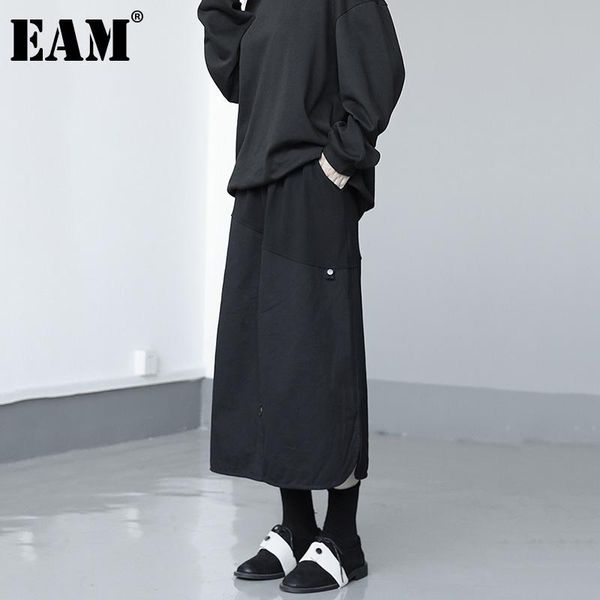 

[eam] high elastic waist irregular spliced pocket vent long half-body skirt women fashion spring autumn 2021 1dd0560 skirts, Black