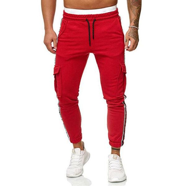

men's pants mens men tracksuit drawstring striped pockets joggering trousers sport gym joggers casual, Black