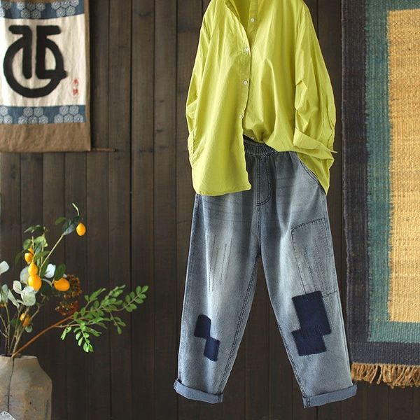 

spring summer arts female elastic waistline loose vintage embroidered cotton jeans deniharem v301 pants, Blue