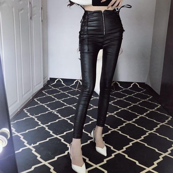 

women's pants & capris 2021 women high street bandage collect waist skinny basic solid pu zipper in leg open pantalon femme plus size, Black;white