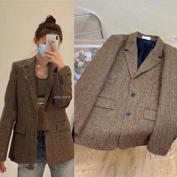 

women's suits & blazers jacket 100% wool women 2021 winter plaid blazer elegant office ladies brown patchwork, White;black
