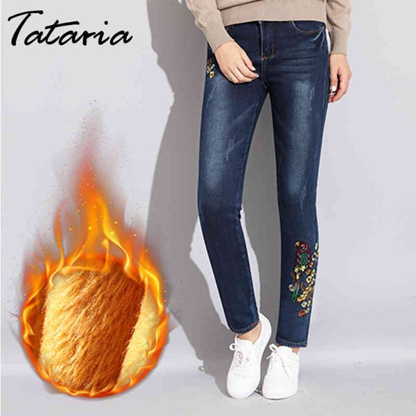 

warm embroidered winter jeans women's slim denim stretch skinny velvet for women woman trousers 210514, Blue