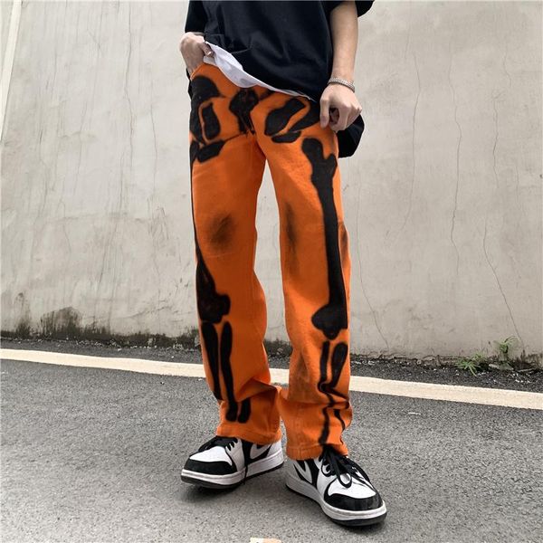 

men's jeans original graffiti skull print ripped for men straight oversize casual denim trousers high street loose distresses pants, Blue