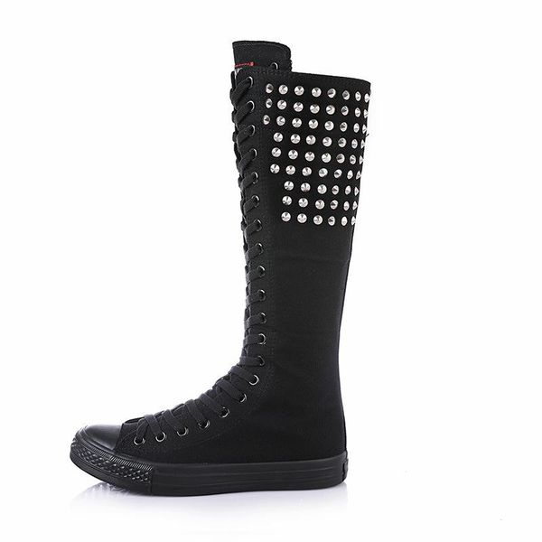 

canvas boots breathable ladies knee high lace-up zipper, Black