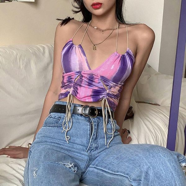 

tank e-girl tie dye halter bandage ruched crop sweet chic backless deep v-neck purple cami streetwear party women's tanks & camis, White