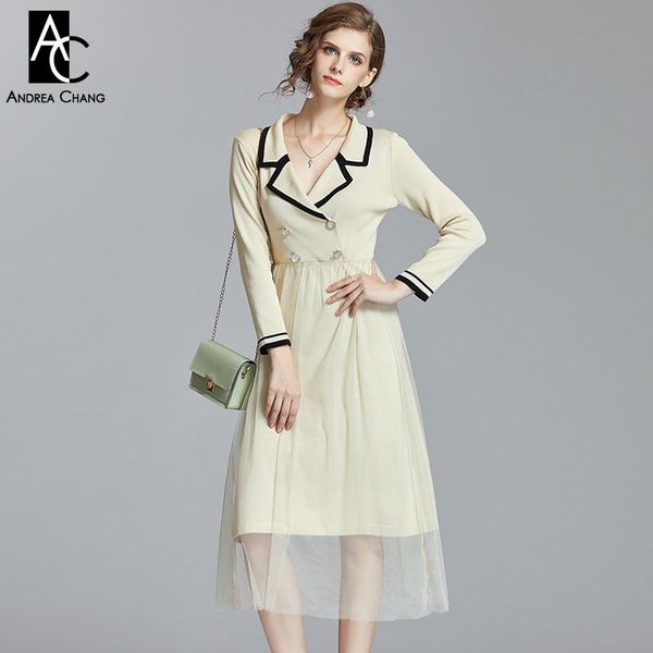 

casual dresses  spring autumn woman dress black white border notched collar double breasted gauze bottom sweet calf length ball gown, Black;gray