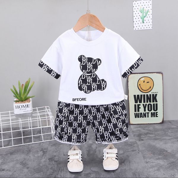 

new summer baby girl clothes suit boys cotton cartoon bear t-shirt+shorts 2pcs/set toddler casual costume kids tracksuits, White