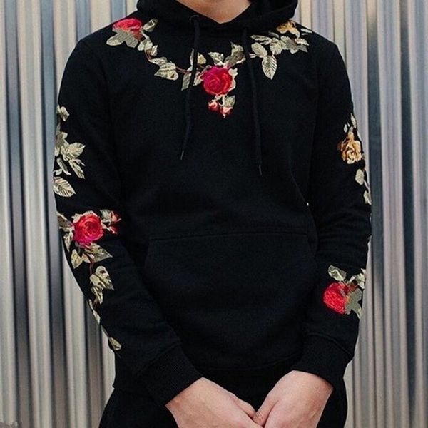 

mens hoodies harajuku flowers embroidered hoodie hooded sweatshirt pullover men streetwear sportswear sweatshirts men's &, Black