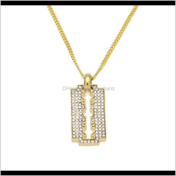 

necklaces pendants drop delivery 2021 men women razor blade & pendant charm bling rhinestone gold plated stainless steel metal necklace tren, Silver