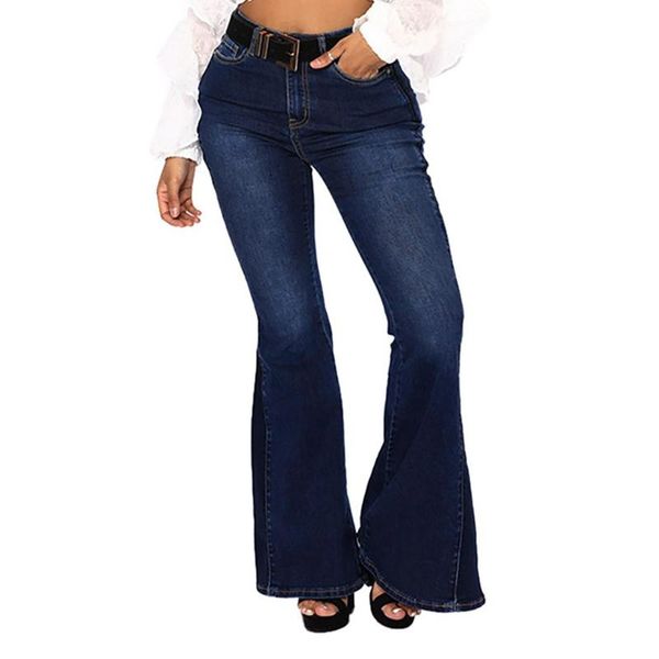 

women's jeans women autumn elastic plus loose flare pants denim pocket high waist button casual boot cut pant 12.4, Blue