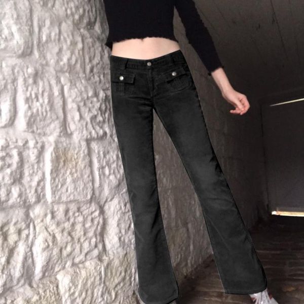 

women's pants & capris 90s vintage corduroy low rise staright bootcut with pockets cargo black brown long trousers women retro streetwe, Black;white