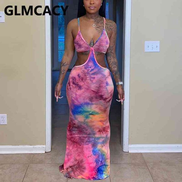 

spaghetti strap tie dye slim maxi dress casual summer party club dress 210702, Black;gray