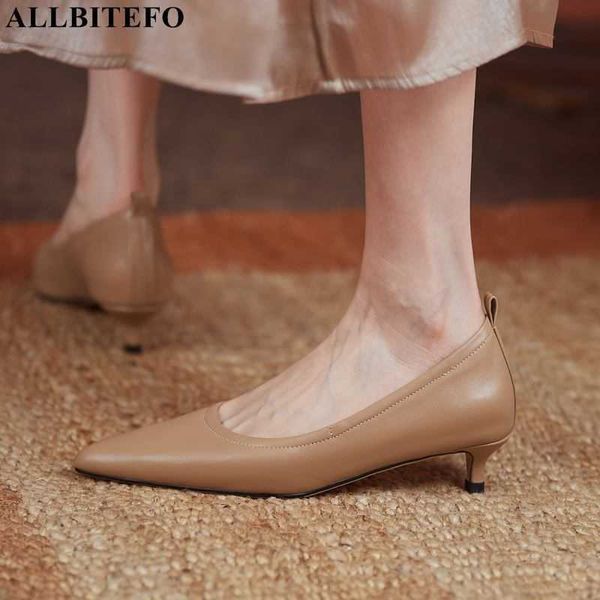 

allbitefo size 33-43 pointed toe soft genuine leather women heels shoes stiletto fashion street party high heel shoes high heels 210611, Black