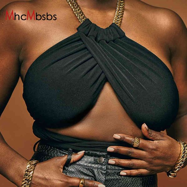 

women chain halter crop fairy grunge backless camis hollow out black wrap gothic clothes summer beach streetwear 210517, White