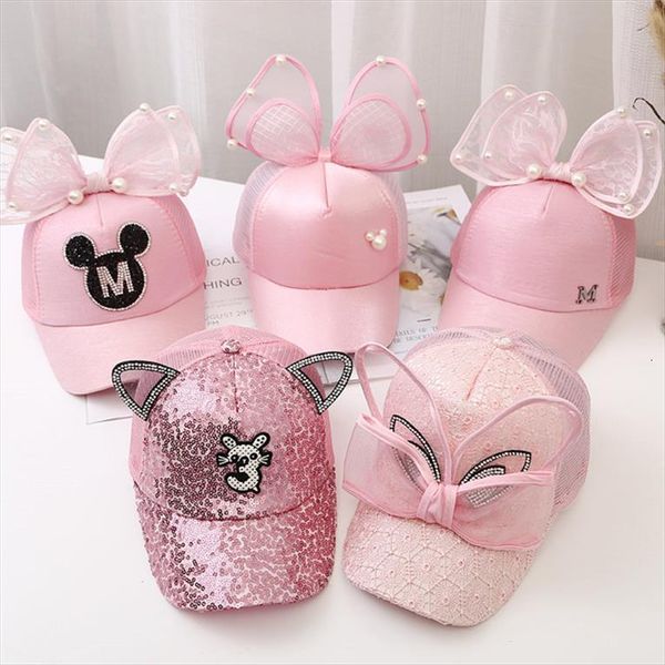 

Children Big Bow Cartoon Baseball Cap Girls Pearl Snapback Sun Protection Caps Mesh Rabbit Ear Baby Trucker Hat, Blue;gray