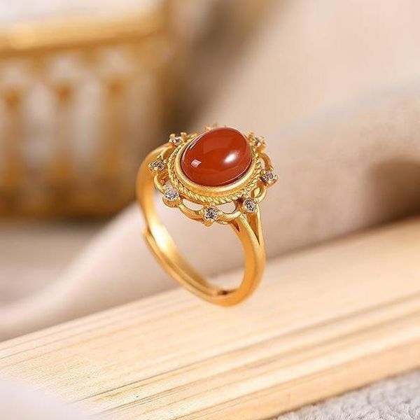 

cluster rings designer original natural hetian chalcedony inlaid zircon opening adjustable ring personality light luxury ladies jewelry, Golden;silver