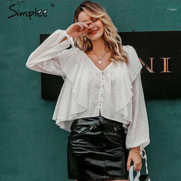 

simplee v-neck button short blouse women casual cotton solid plaid ruffle long sleeve female elegant1, White