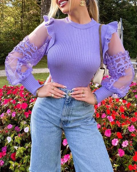 

women's sweaters sweater contrast mesh sleeve frill hem spring and autumn, White;black