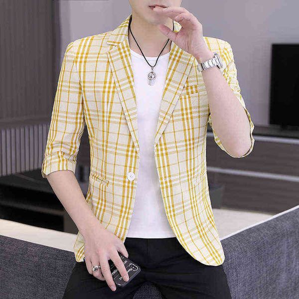 

luxury men's suits blazers seven point small coat middle sleeve cool and breathable casual suit men's plaid students' cloth i, White;black