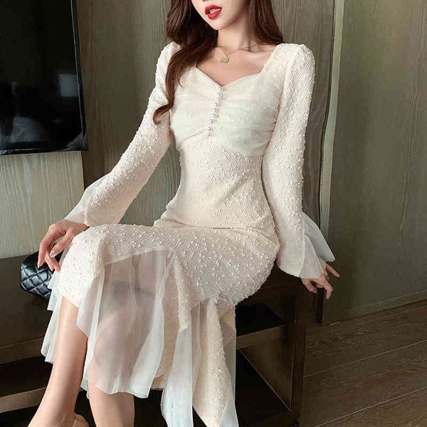 

casual dresses korean women party long 2021 spring autumn fashion office ol chiffon sleeve ruffles bodycon mermaid midi robe bpj1, Black;gray