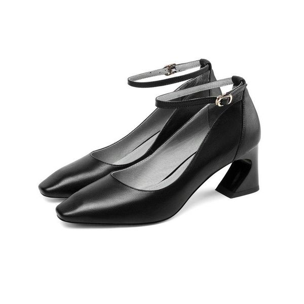 

dress shoes genuine leather ankle strap women pumps high heels office ladies wedding party large size 34-43, Black