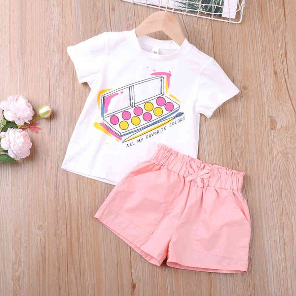 

girls' clothing set summer cartoon short-sleeve t-shirt + solid color shorts 2-pieces of casual children's clothes 210515, White