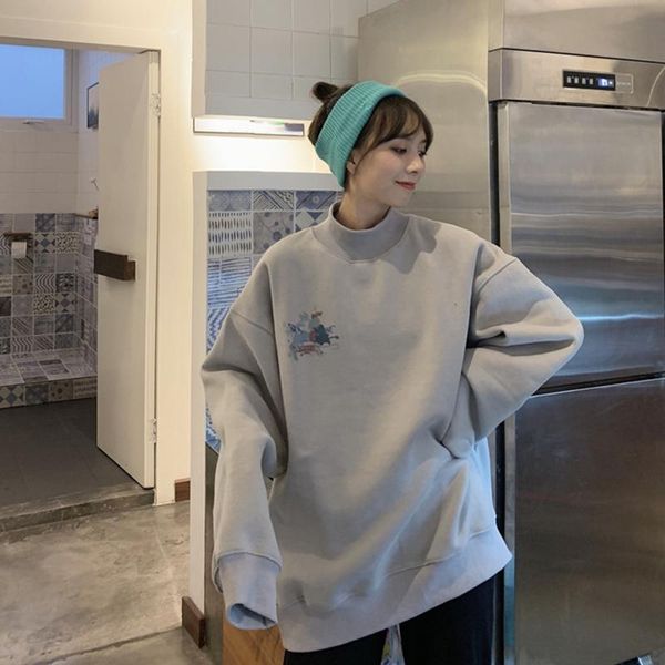

warm kawaii hoodies women's clothes harajuku printed turtleneck simple pullover korean style sweatshirt & sweatshirts, Black