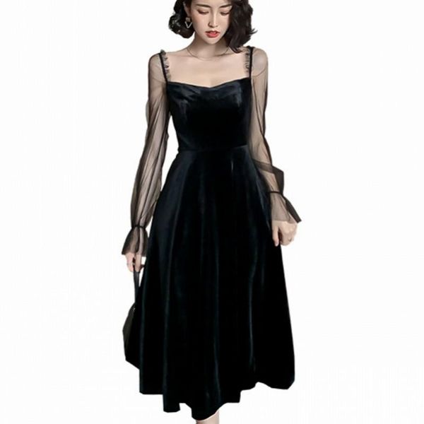 

casual dresses 2021 spring women elegant velvet dress festa female event party robe designer pleated vestidos plus size, Black;gray