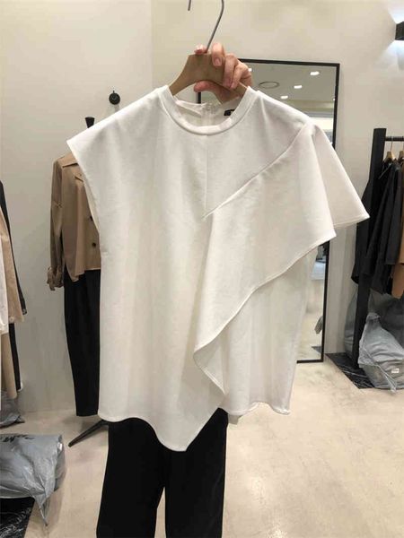 

summer new o neck solid short sleeve casual t-shirt women's irregular 210421, White