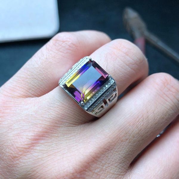 

cluster rings natural ametrine men's ring, atmospheric, 925 silver, hollow court style, Golden;silver