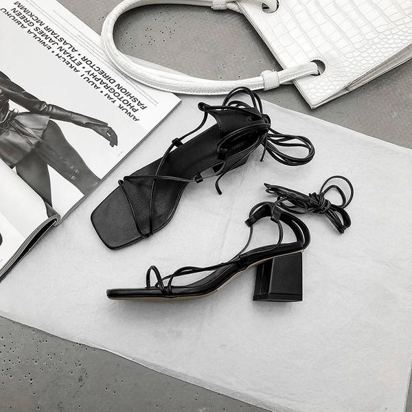 

gladiator sandals cross strappie women 2021 party pu shoes female open toe summer high thick heels ladies, Black