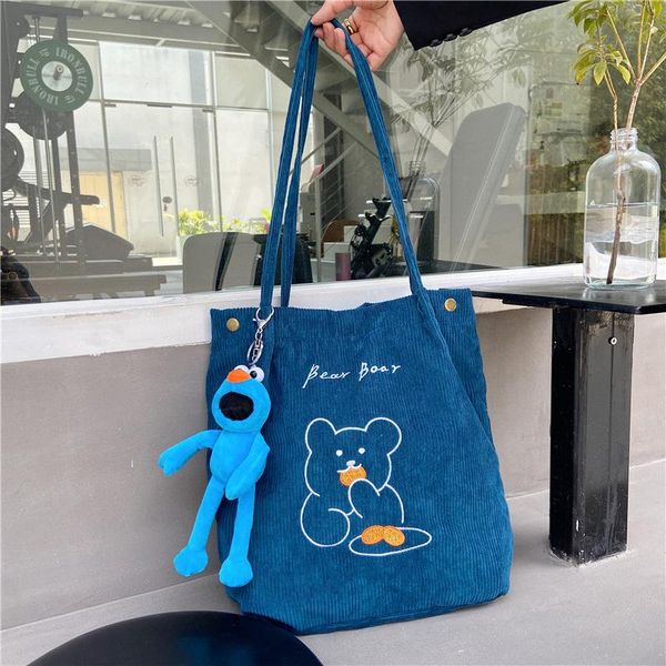 

evening bags women striped corduroy bear embroidery canvas lining shoulder bag eco cloth purse college girl books handbags for ladies